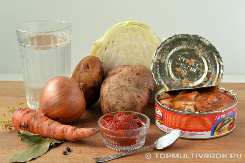 Ингредиенты для супа с килькой в томатном соусе в мультиварке